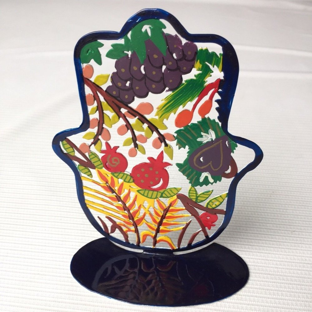 Hamsa Cut Metal Sculpture Hand Painted by Emanuel Floral Fruit Tree Pomegranate